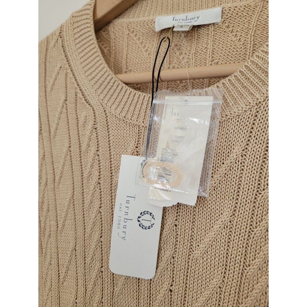 NWT TURNBURY Cable Knit Beige Crew Neck Long Sleeve Sweater 100% Cotton Men's L - Picture 4 of 6